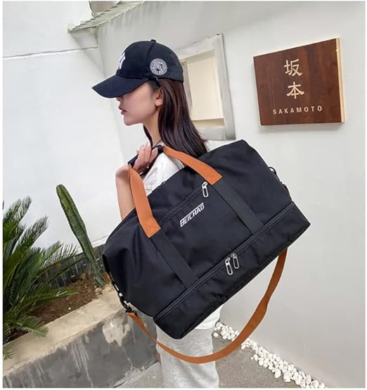 Bolsa de viagem portátil bolsa de bagagem de viagem de curta distância de grande capacidade leve separação seca e molhada bolsa de fitness esportiva (Preto)