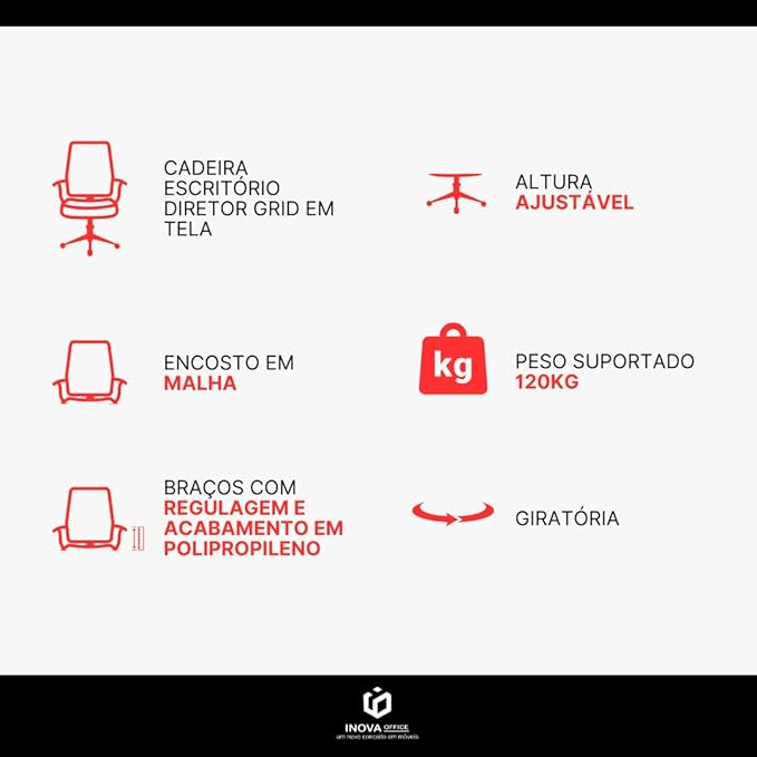 Cadeira Diretor Ergonômica Grid Preta - Encosto em Tela Mesh, Apoio Lombar, Altura Ajustável
