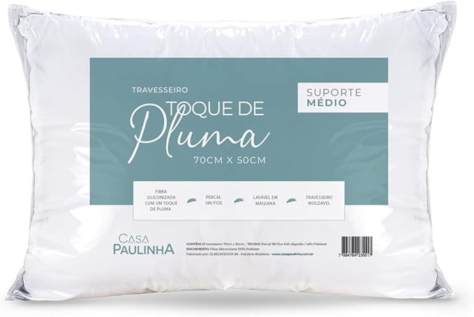 Kit 02 Travesseiros Toque de Pluma Pena Percal 180 Fios 50x70cm Lavável, Antiácaro, Antialérgico