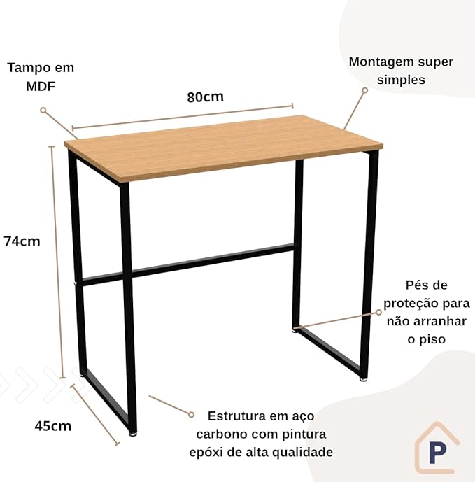 Escrivaninha Industrial Escritório Mesa Aço Mdf Aço 80cm Home Office Preto Madeirado Pliar
