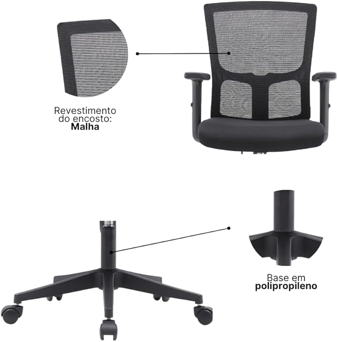 Cadeira Diretor Ergonômica Grid Preta - Encosto em Tela Mesh, Apoio Lombar, Altura Ajustável