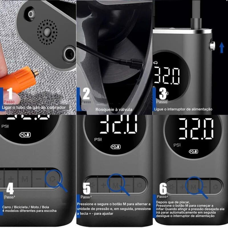 Calibrador Compressor Bomba De Ar Portátil Digital com Lanterna LED para Encher Pneus de Carro, Moto, Bike, Bicicleta, Bola e Piscina Inflável