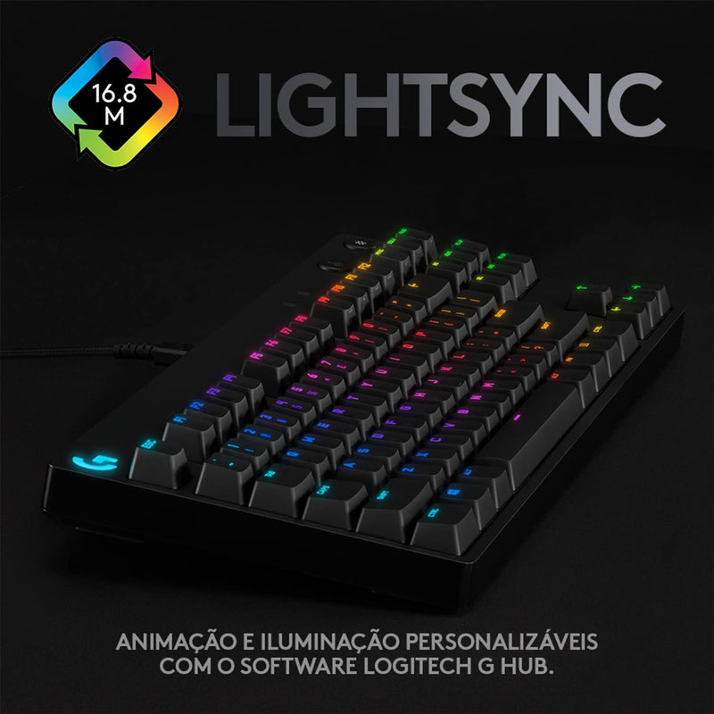 Teclado Mecânico Gamer Logitech G PRO com Layout US, RGB LIGHTSYNC, Design TKL, Cabo Destacável e Switch Exclusivo GX Blue Clicky