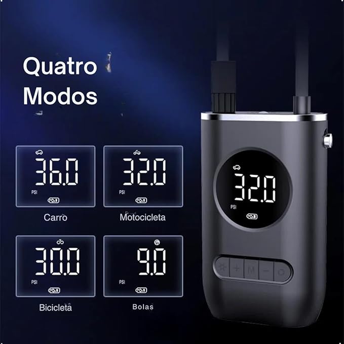 Calibrador Compressor Bomba De Ar Portátil Digital com Lanterna LED para Encher Pneus de Carro, Moto, Bike, Bicicleta, Bola e Piscina Inflável