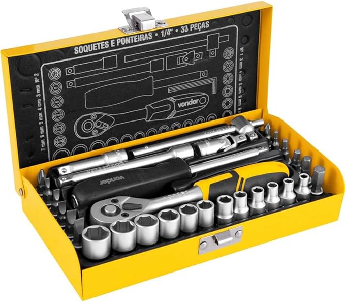 Vonder, Jogo De Soquetes E Ponteiras Com Encaixe De 1/4", 4,0 Mm A 13,0 Mm, Com 33 Peças.