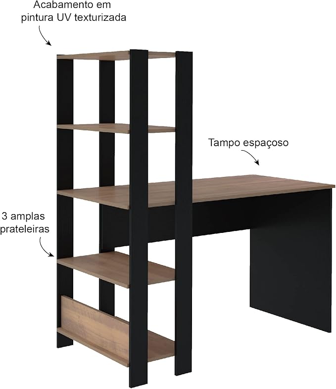 Escrivaninha com Estante Lateral MATCH cor Preto/Pinho - Artely