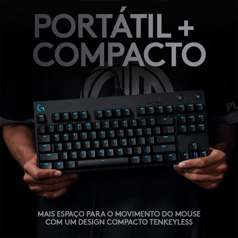 Teclado Mecânico Gamer Logitech G PRO com Layout US, RGB LIGHTSYNC, Design TKL, Cabo Destacável e Switch Exclusivo GX Blue Clicky