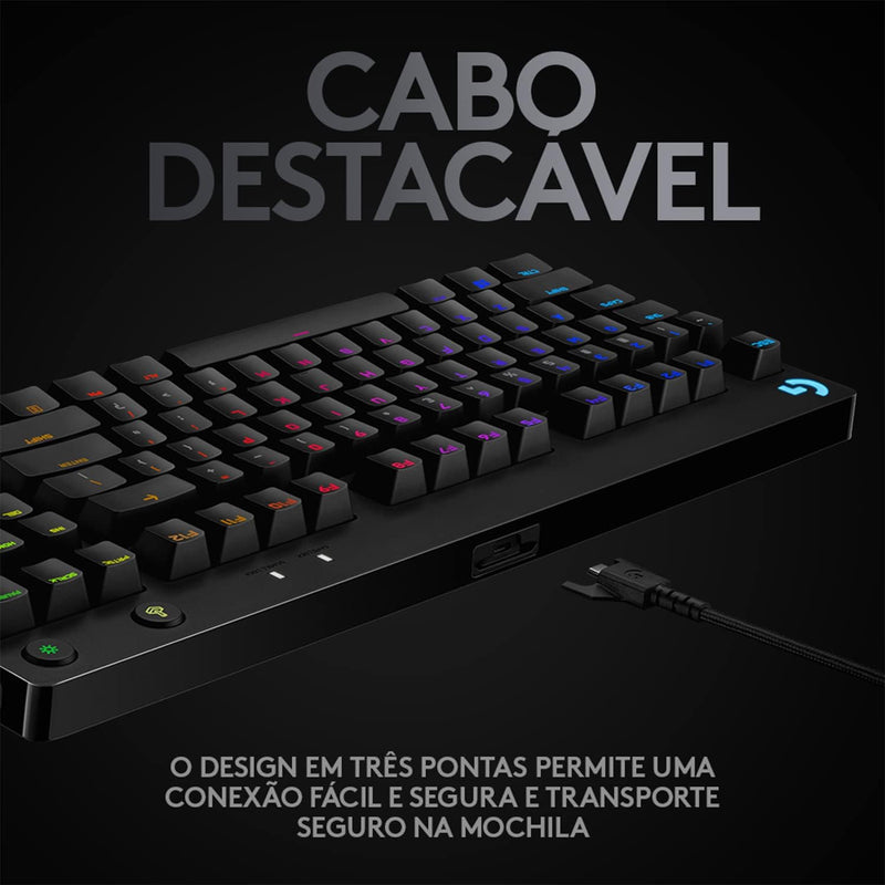 Teclado Mecânico Gamer Logitech G PRO com Layout US, RGB LIGHTSYNC, Design TKL, Cabo Destacável e Switch Exclusivo GX Blue Clicky
