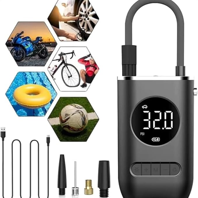 Calibrador Compressor Bomba De Ar Portátil Digital com Lanterna LED para Encher Pneus de Carro, Moto, Bike, Bicicleta, Bola e Piscina Inflável