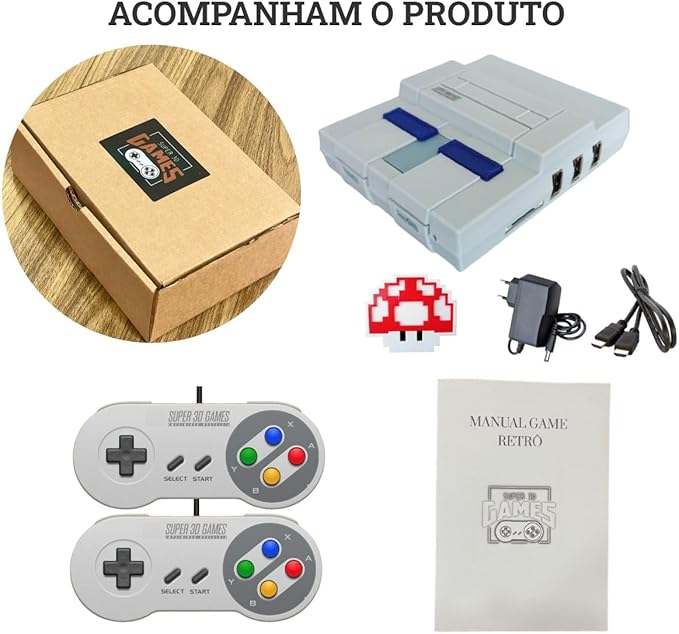 Mini Console Retro Super Nintendo com 130 mil jogos + 2 Controles Super 3D Games