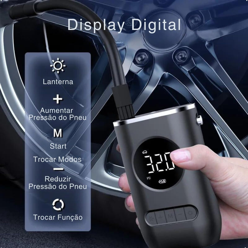 Calibrador Compressor Bomba De Ar Portátil Digital com Lanterna LED para Encher Pneus de Carro, Moto, Bike, Bicicleta, Bola e Piscina Inflável