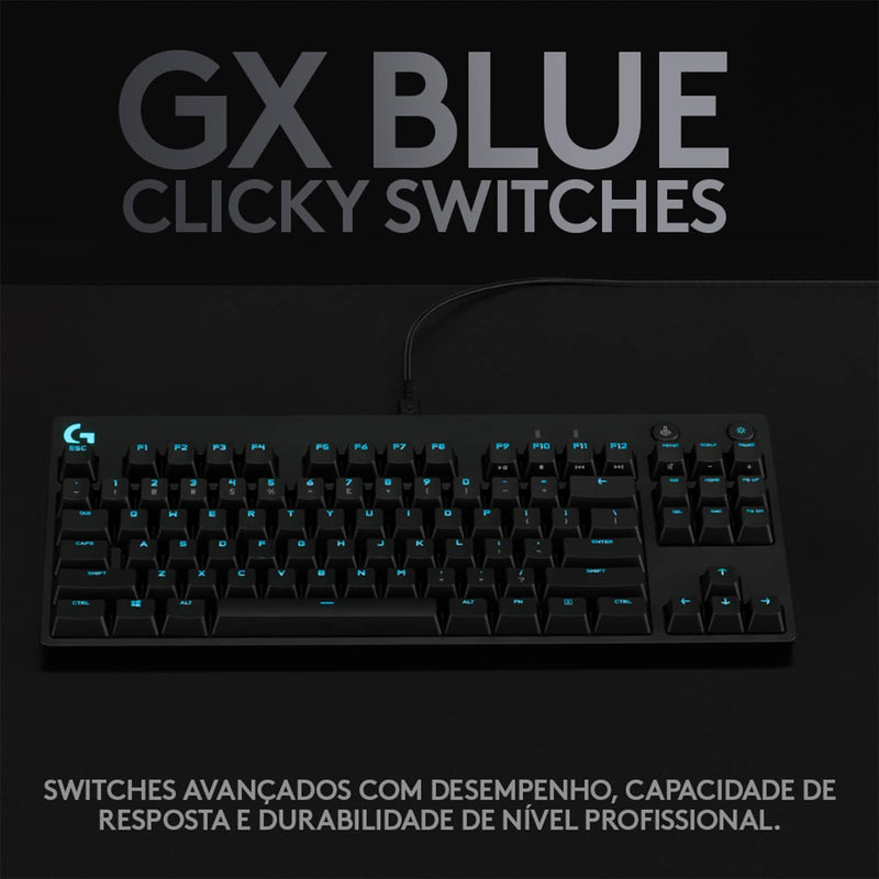 Teclado Mecânico Gamer Logitech G PRO com Layout US, RGB LIGHTSYNC, Design TKL, Cabo Destacável e Switch Exclusivo GX Blue Clicky