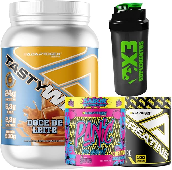 Tasty Whey 3W Sabor Doce de Leite 900g + Creatina 300g + Panic (Pré-Treino) Sabor Uva 300g - Adaptogen + Coqueteleira 600ml - X3 Suplementos