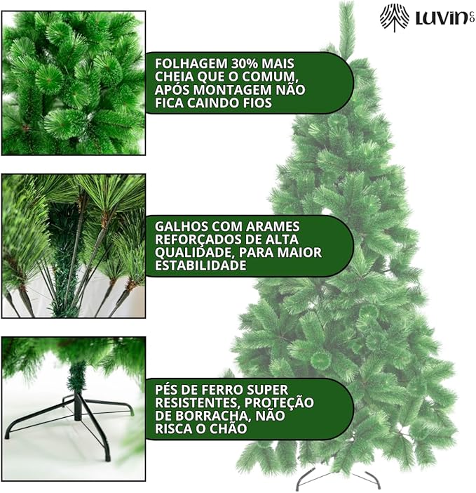 Árvore De Natal Pompom Verde Mesclada Luxo Grande Cheia Premium 2,10m 577 Galhos LuvinCo