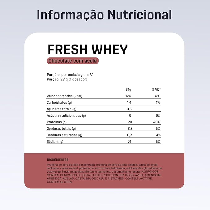 Fresh Whey Protein - Chocolate e Avelã 900g - 20g de Proteínas por Porção - Suplementos Naturais, Suplementação Treino Academia, Ganho Muscular Hipertrofia - DUX HUMAN HEALTH