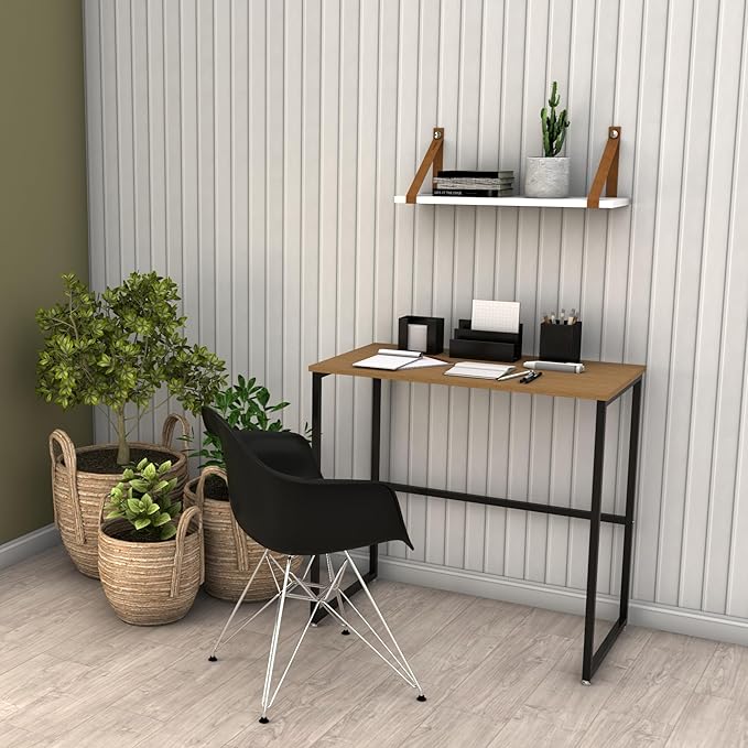 Escrivaninha Industrial Escritório Mesa Aço Mdf Aço 80cm Home Office Preto Madeirado Pliar
