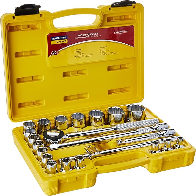 Tramontina 43600022, Maleta Soquetes Estriados e Acessórios Encaixe 1/2, 22 Peças, Amarelo